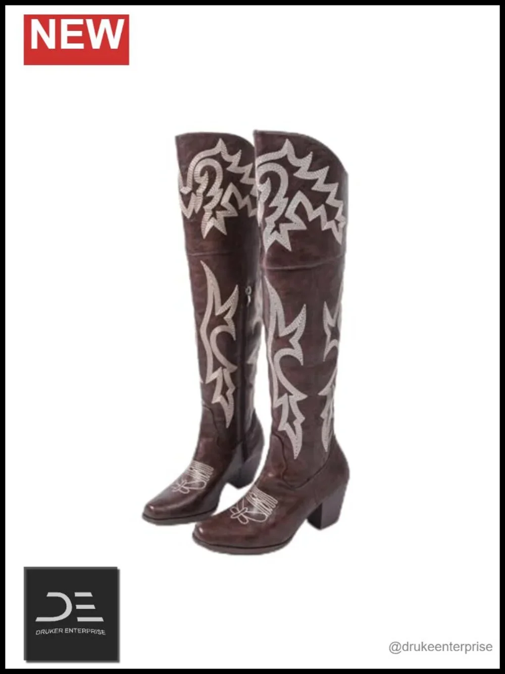 Women's Over-the-Knee Cowboy Boots Square Toe PU Leather Embroidery Zipper